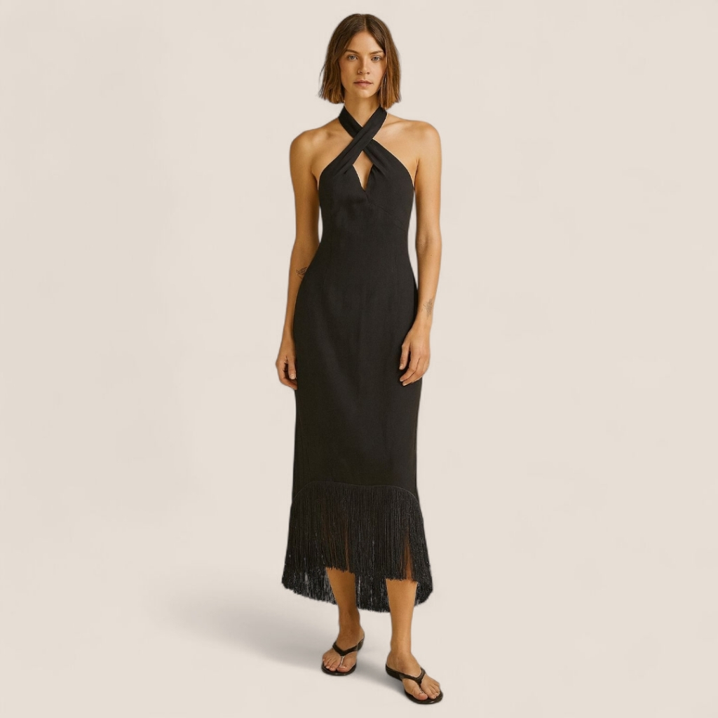 J. Crew Black Crepe Halter Midi Dress | Fringe Hem Cocktail Party Style Nwt | 10